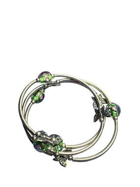 Silvertone Coil Memory Wire Bracelet Floral Art Glass Butterfly Beaded